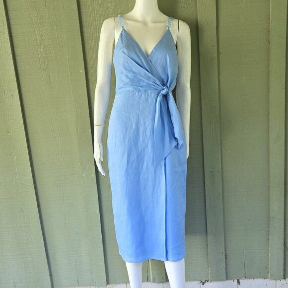 New REISS Esme Blue Linen Side Tie Cross Over Dress US 4 - Picture 3 of 8